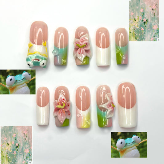 Handmade Frog Press On Nails, Fairy Garden Nails with 3D Flowers, Cute Cottagecore Gift for Her | OB423LG