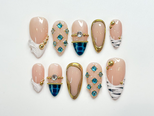 Blue Gem Nude Press On Nails for Luxury Women | Modern Gold Press Ons | Almond Luxury Nails | Chic Designer Inspired Nails | JC293HC