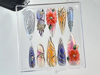 Artistic Butterfly And Floral Press On Nails| Exquisite Handcrafted Design Fake Nails | Nature-Inspired Nail Art |Gorgeous Press Ons|HC662YK