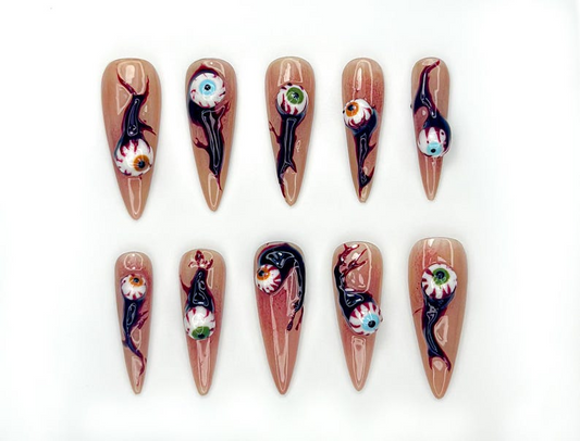 Haunted Eyes Press On Nails | Creepy 3D Eyeball Nail Art | Horror-Inspired Stiletto Nails | Handmade Spooky Halloween Set | HB1066EK