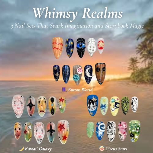 Whimsy Realms Nail Bundle | 3 Fantasy Press On Nail Sets | Button World, Kawaii & Circus Styles