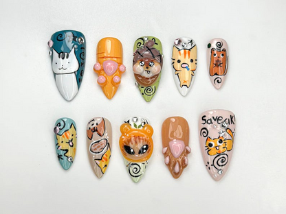 Whimsical Cartoon Kitty Press On Nails | 3D Cat Paw & Animal Faces | Cute Cartoon Pet Press Ons | Handmade Kawaii Nail Set | JB953H