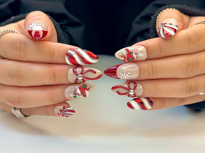 Christmas Candy Cane Press On Nails by DoryNails | Red Chrome Bow & Snowflake Nail Art | Holiday Party Nails | Gift for Her | HB1188BC