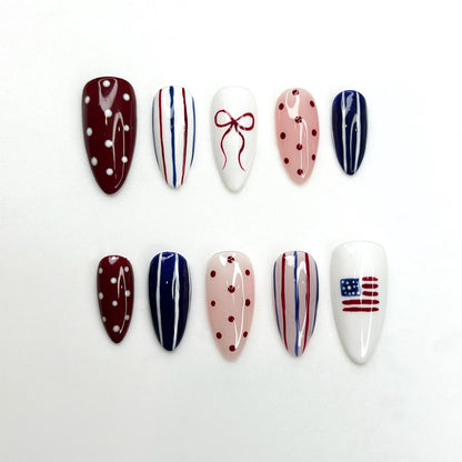 4th of July Press On Nails | Red White Blue Coquette Nails | Patriotic Almond Nails | USA Flag Summer BBQ Nails | Americana Nails | OB399LK