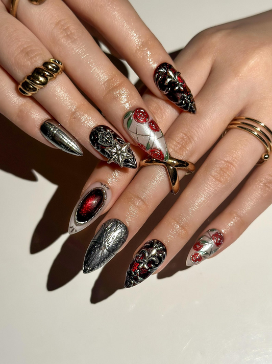 Gothic Rose Black Press On Nails | Dark Red Black Luxury Nail Art | Baroque Armor Stiletto Nails | Handmade Gothic Statement Nails| HB1286EC