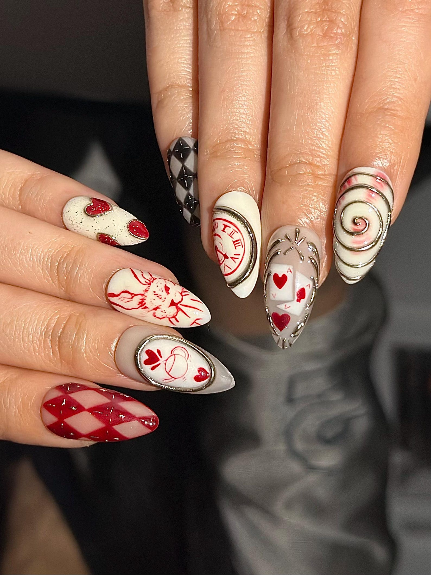 Alice Wonderland Easter Press On Nails | Playing Card Heart Nails | Red White Nails | Fantasy Swirl Set | Handmade Press Ons | HB1295HC