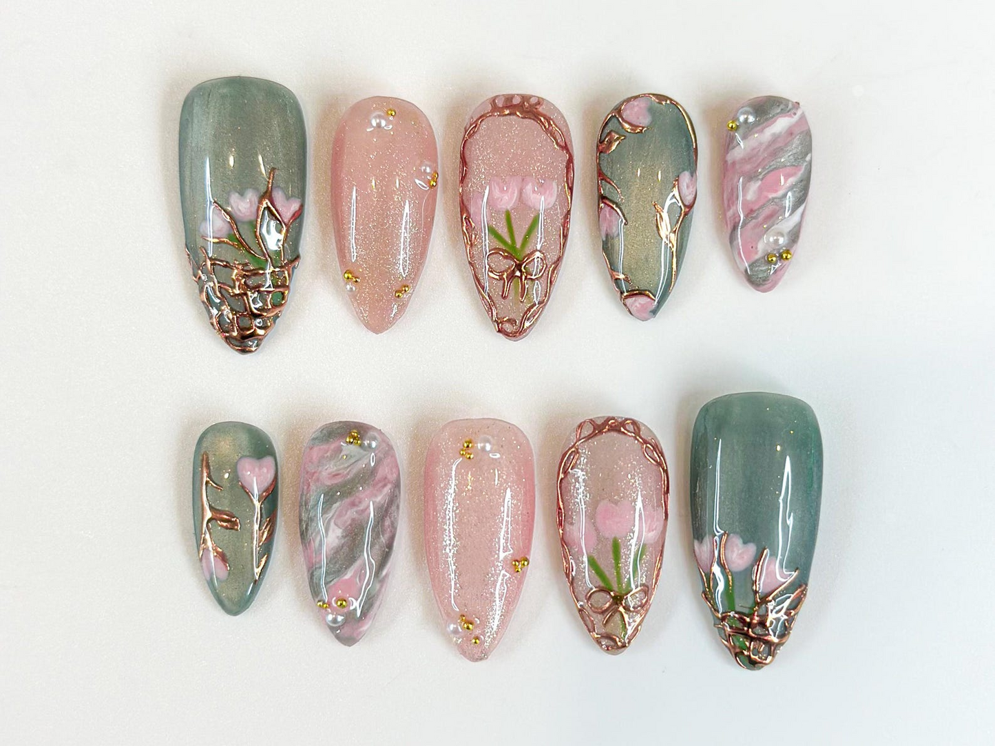 Vintage Tulip Press On Nails, Sage Green and Pink Marble Nails with Gold Rose Frame, Elegant Floral Hand-Painted Custom Nails, OB307HK