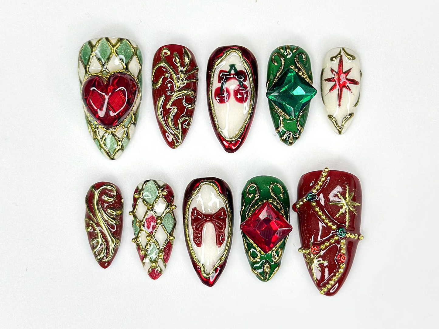 Gemstone Christmas Press On Nails | Red & Green Nails | Baroque Holiday Nail Art | Lux Christmas Press Ons | Elegant Festive Set| JB253HK