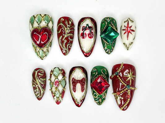 Gemstone Christmas Press On Nails | Red & Green Nails | Baroque Holiday Nail Art | Lux Christmas Press Ons | Elegant Festive Set| JB253HK