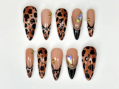 Leopard Fall Press On Nails | Animal Print Nail Art | Glam Rhinestone & Chain Nails | Handmade Long Stiletto Nails |Autumn Press Ons|JB175HC