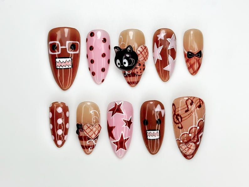 Chocolat Bear Cute Press On Nails | Kawaii Cartoon & 3D Cat Nails | Pink Brown Retro Nail Art | Handmade Fun Press Ons | JB221EC