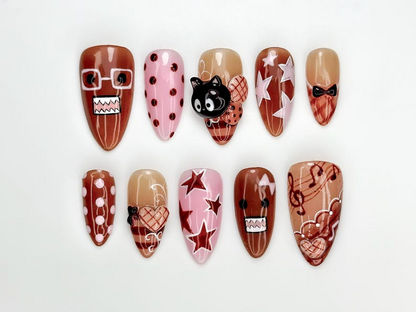 Chocolat Bear Cute Press On Nails | Kawaii Cartoon & 3D Cat Nails | Pink Brown Retro Nail Art | Handmade Fun Press Ons | JB221EC