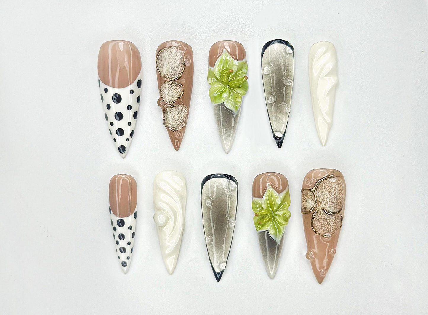 Modern Botanical Press On Nails |3D Green Flower and Gold Leaf Accents | Black & White Polka Dot Nails | JB1000EK