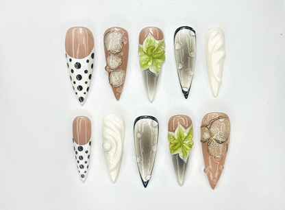 Modern Botanical Press On Nails |3D Green Flower and Gold Leaf Accents | Black & White Polka Dot Nails | JB1000EK