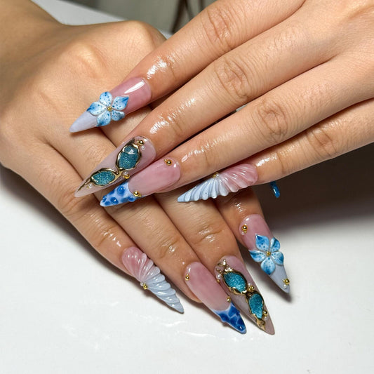 Blue Ocean Press On Nails with 3D Flower and Gold Detail | Marble Coastal Nails in Almond Shape | Summer Vacation Nails for Beach | HC1309NC