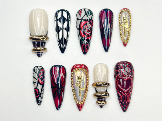 Gothic Rose Heart Press On Nails | 3D Black Red Gold Nails | Handmade Gothic Vampire Glam Nail Set | Black Stiletto Press Ons | JB775HC