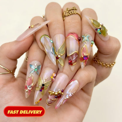 Fairy Butterfly Press On Nails | Sparkly Gold Swirl Crystal Art | Luxury Glazed Pearl Nails | Beautiful Wedding Bridal | OB1359DG