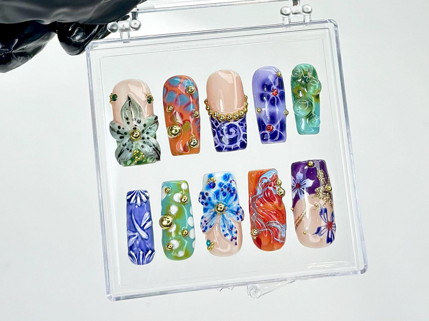 Colorful Glass Flower Press On Nails | Glass-Inspired Nail Art | Resin Floral Design Press Ons | Luxury Artistic Fake nails | HB958YC
