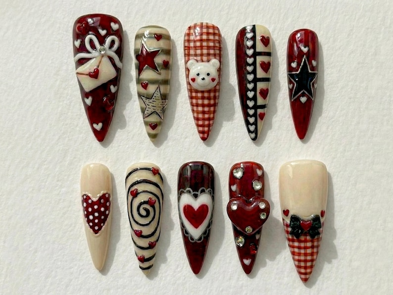 Nail Tabs for Press On Nails – Cherry Heart Teddy Gingham Nude Red Valentine Nails