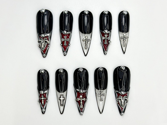 Gothic Cross Tip Press On Nails | Vampire Red & Black Nails | Gothic Triangle Accent Nails | Religious Symbol Nails | Dark Glam Nail| JC865H