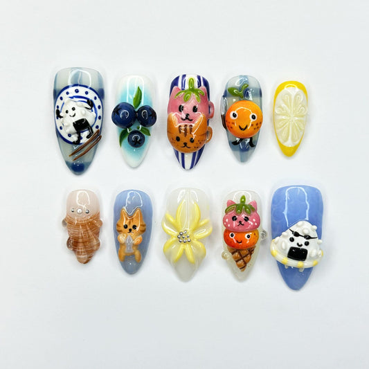3D Kawaii Almond Nails | Handpainted Onigiri, Animal, Fruit Designs | OB404LK