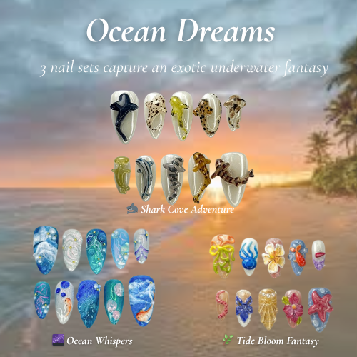 Ocean Dreams Nail Bundle | 3 Sea-Inspired Press On Nail Sets | Mermaid, Coral & Shark Vibes