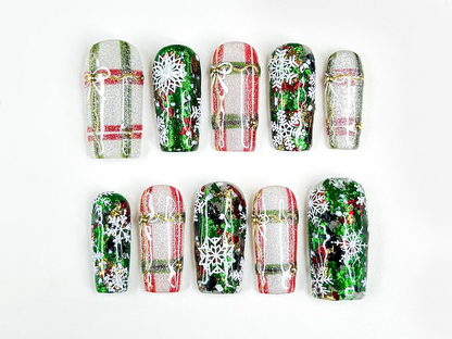 Holiday Sparkle Green Press On Nails For Christmas | Red Green Christmas Nails | Snowflake Glitter Nail Art | Festive Press Ons | Winter Nails | JC227HC