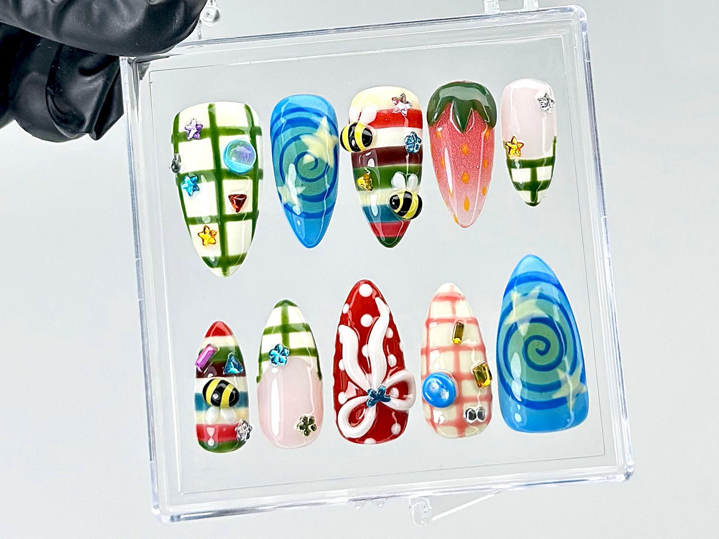 Whimsical Summer Picnic Press On Nails | 3D Strawberry & Bee Fake Nails | Colorful Gingham Nail Art | Candycore Vibes Press Ons | HB897YC