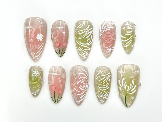 Dewdrop Meadow Press On Nails | Pastel Green & Pink Shimmer | Hand-Painted Floral Line Art and Crystal Accents | JB987EK