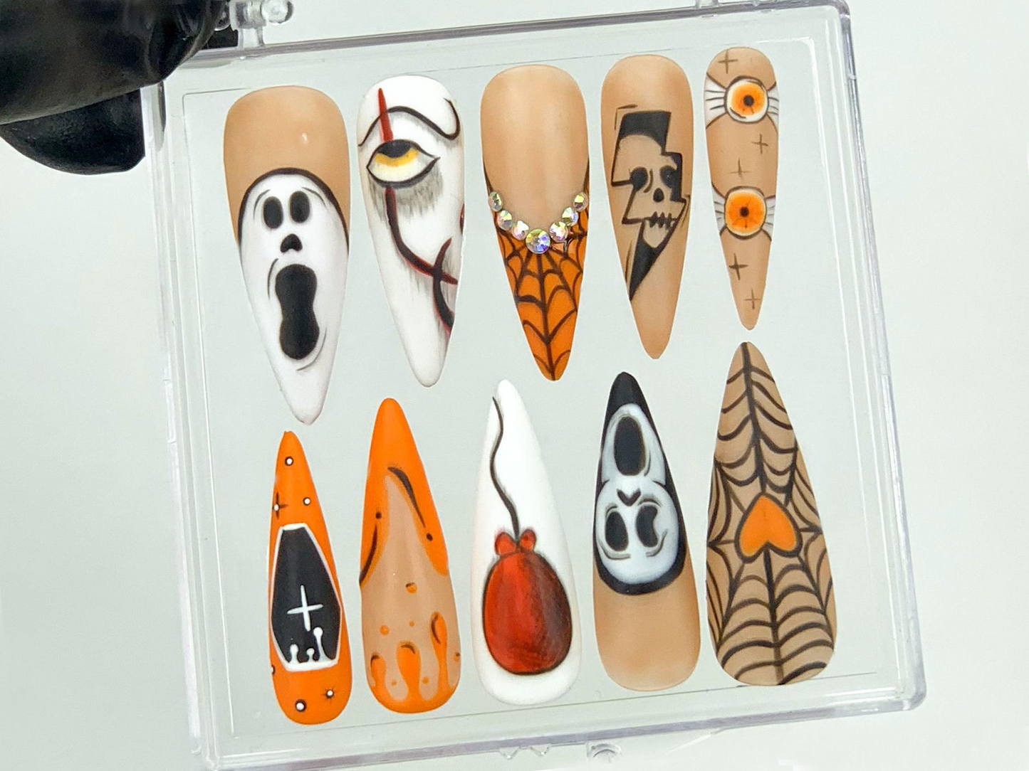 Gothic Halloween Press On Nails | Creepy Orange and Black Fake Nails | Unique Halloween Acrylic Nails | Ghost and Skull Nail Art | HB564YK