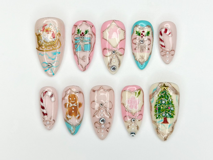 Pink Pastel Christmas Press On Nails | Pastel | Gingerbread & Candy Cane Nails | Pink Christmas Press Ons | Cute Festive Design | JB218HC