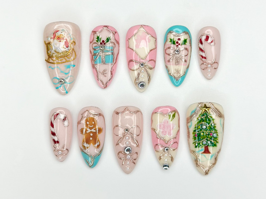 Pink Pastel Christmas Press On Nails | Pastel | Gingerbread & Candy Cane Nails | Pink Christmas Press Ons | Cute Festive Design | JB218HC