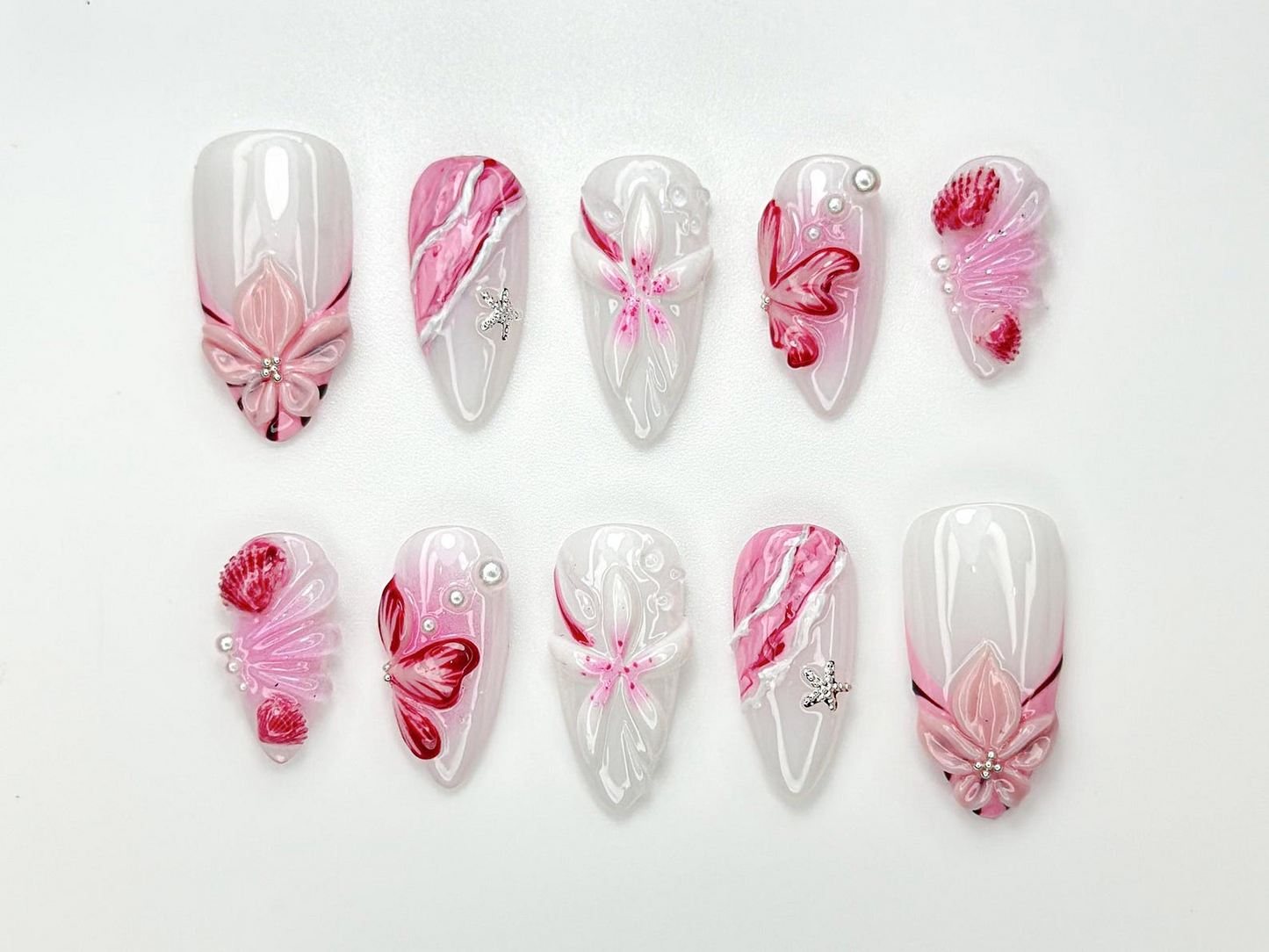 Blush Bloom Pink Press On Nails | 3D Pink Petal & Pearl Nail Art | Elegant Floral Gradient Nails | Romantic Nail | Soft Pink Nails | JC980HC