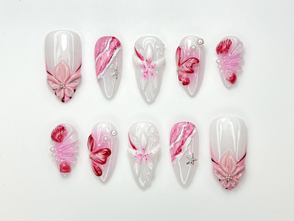 Blush Bloom Pink Press On Nails | 3D Pink Petal & Pearl Nail Art | Elegant Floral Gradient Nails | Romantic Nail | Soft Pink Nails | JC980HC