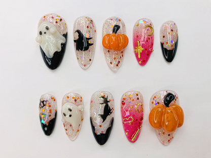 Spooky Halloween Ghost - Pumpkin Press-On Nails | 3D Nail Art for Halloween Party | Glitter Press-On Nails with Witch - Star Accents|JB486SC