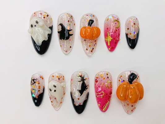 Spooky Halloween Ghost - Pumpkin Press-On Nails | 3D Nail Art for Halloween Party | Glitter Press-On Nails with Witch - Star Accents|JB486SC