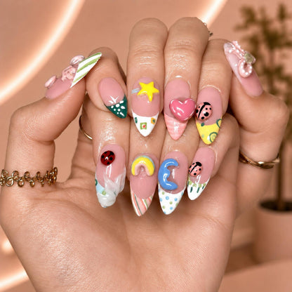 Cute 3D Ladybug Summer Press On Nails Almond • Tropical Pool Party Vibe • Rainbow Star Heart Charm • Colorful French Tip • OB1366DG