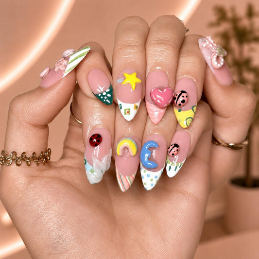 Cute 3D Ladybug Summer Press On Nails Almond • Tropical Pool Party Vibe • Rainbow Star Heart Charm • Colorful French Tip • OB1366DG