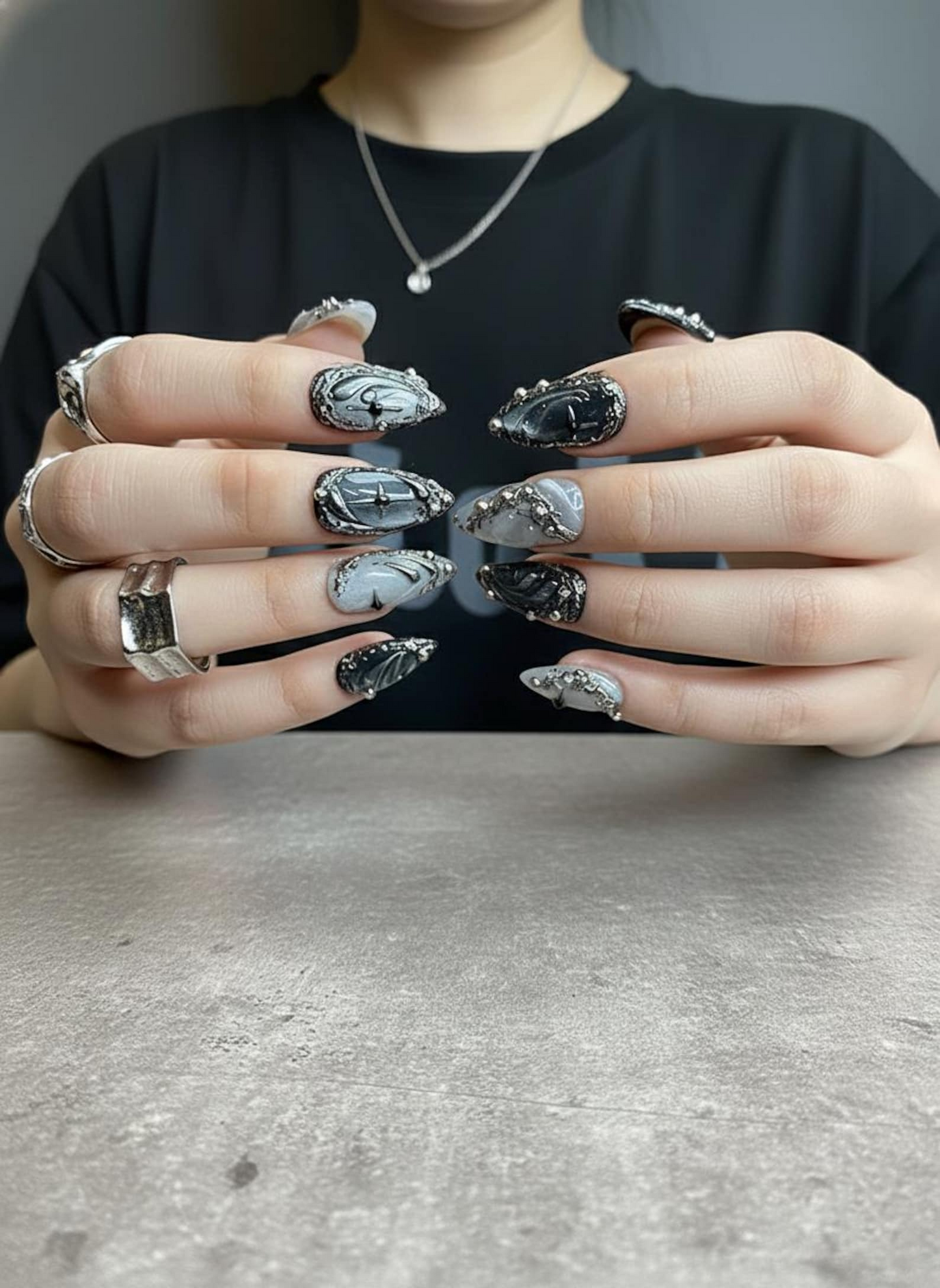 Silver Gothic Press On Nails | Black Chrome Metallic Nail Art | Handmade Dark Luxury Press Ons | Abstract Stiletto Nails | HC1254GC