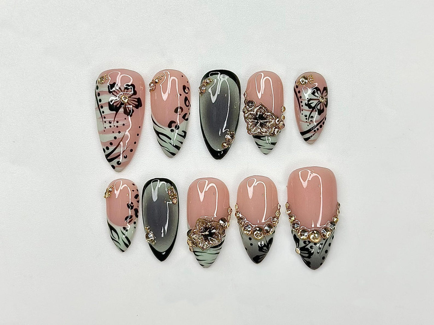 Nude Pink Press On Nails with Black Floral and Gold Charm | 3D Elegant Nails in Almond Shape | Handmade Nails for Party, Wedding | JC333NC