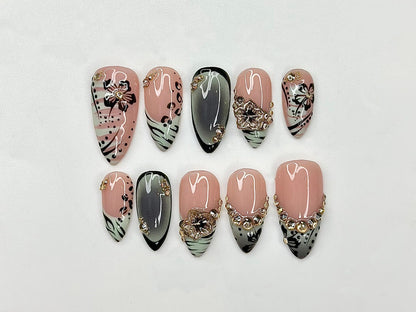 Nude Pink Press On Nails with Black Floral and Gold Charm | 3D Elegant Nails in Almond Shape | Handmade Nails for Party, Wedding | JC333NC