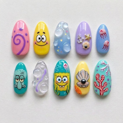 SpongeBob Press On Nails Summer Handpainted Cartoon Patrick Star Squidward Custom Fake Nails 3D Water Bubble Jellyfish Summer Nails | OB412L