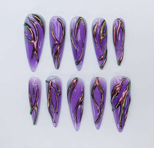 Purple Chrome Flame Press-On Nails | Long Stiletto Shape | Halloween Party Nails |Custom Hand-Painted Nails | Gothic Nail Art |Nails|JC478DK