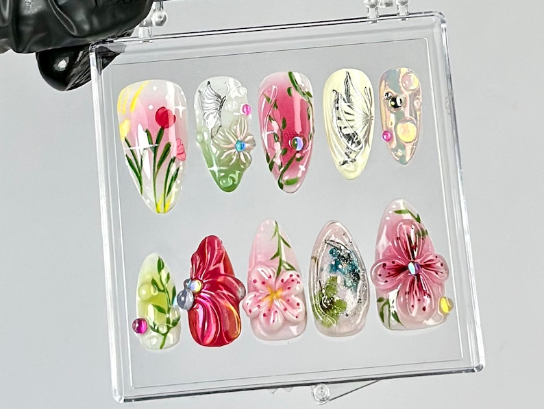 Romantic Flower Press On Nails by DoryNails | Elegant 3D Floral Nail Art | Cherry Blossom Fake Nails | Nature-Inspired 3D Nails | HB793YC
