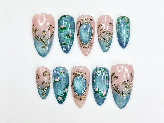 Teal Cat Eye Press On Nails | Elegant Vintage Nail Art | Ocean Marble Luxury Nails | Floral Blue Gradient Nails | Classy Press Ons | JB332HK