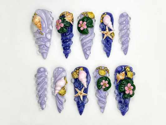 Mermaid Shell Spiral Press On Nails | Ocean-Inspired 3D Nail Art | Seashell Starfish Lilac Nails | Fairycore Beach Nail Set | JB861H