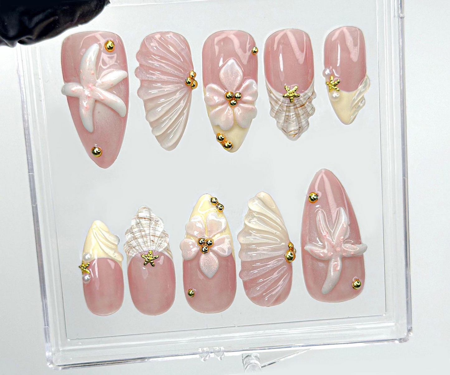 Soft Nude Seashell 3D Press On Nails | Starfish, Shell & Floral Nail Art | Handmade Pastel Nude Beach Nails | HC987EK