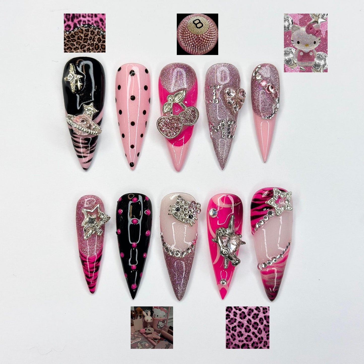 Y2K Gyaru Hello Kitty Nails | Pink Leopard & Tiger PrCyber Goth Glitter Stilettoint Press Ons | Luxury  Art| OB388IG