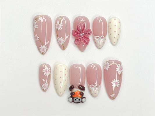 Soft Pink Mokey Press On Nails | Cute Bow & Daisy Nail Art | Kawaii Nails | Elegant Spring Nail Design| Handmade Romantic Press Ons| JC329HC