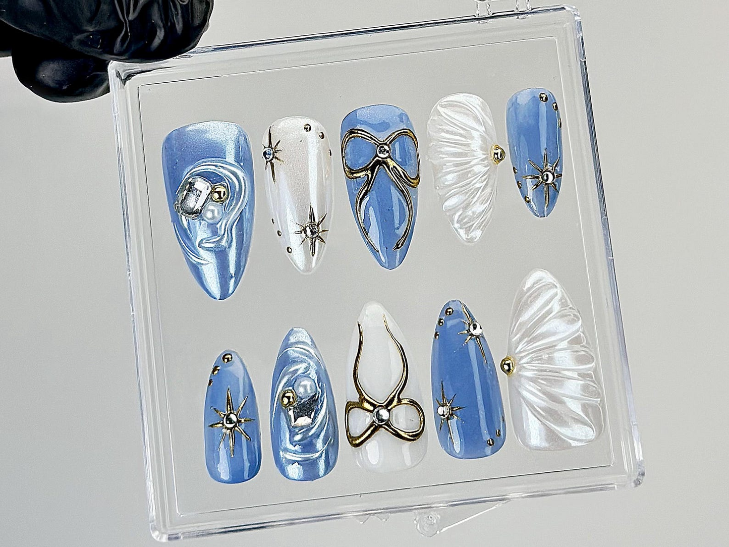 Blue Pearl Star Press On Nails | 3D Bow & Star Design Fake Nails | 3D Bow Star Nail Art | Handmade Artistic Press Ons |Luxury Nails |HC875YK